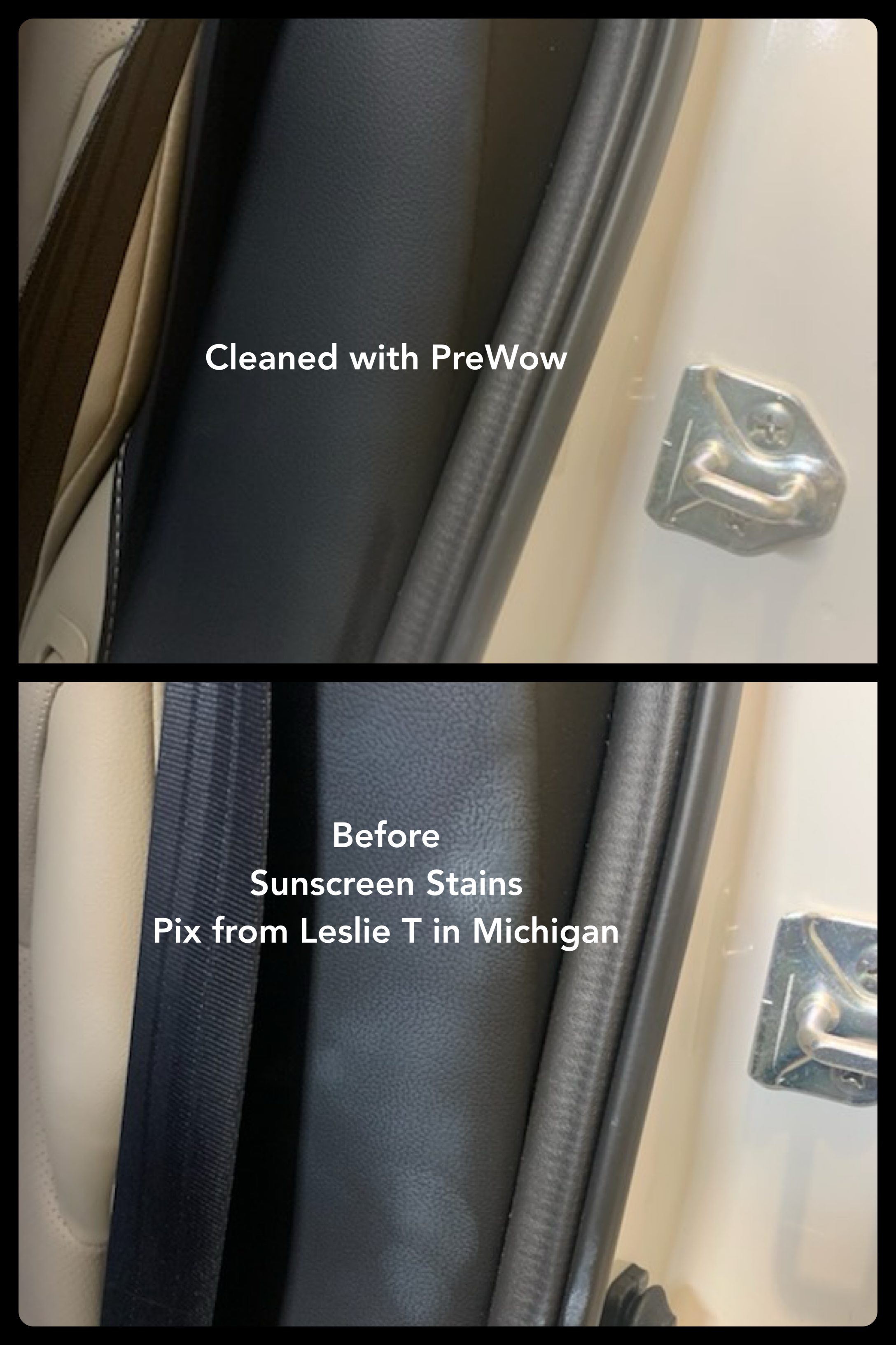 Customer sunscreen stain before and after on door panel — Leslie T Michigan