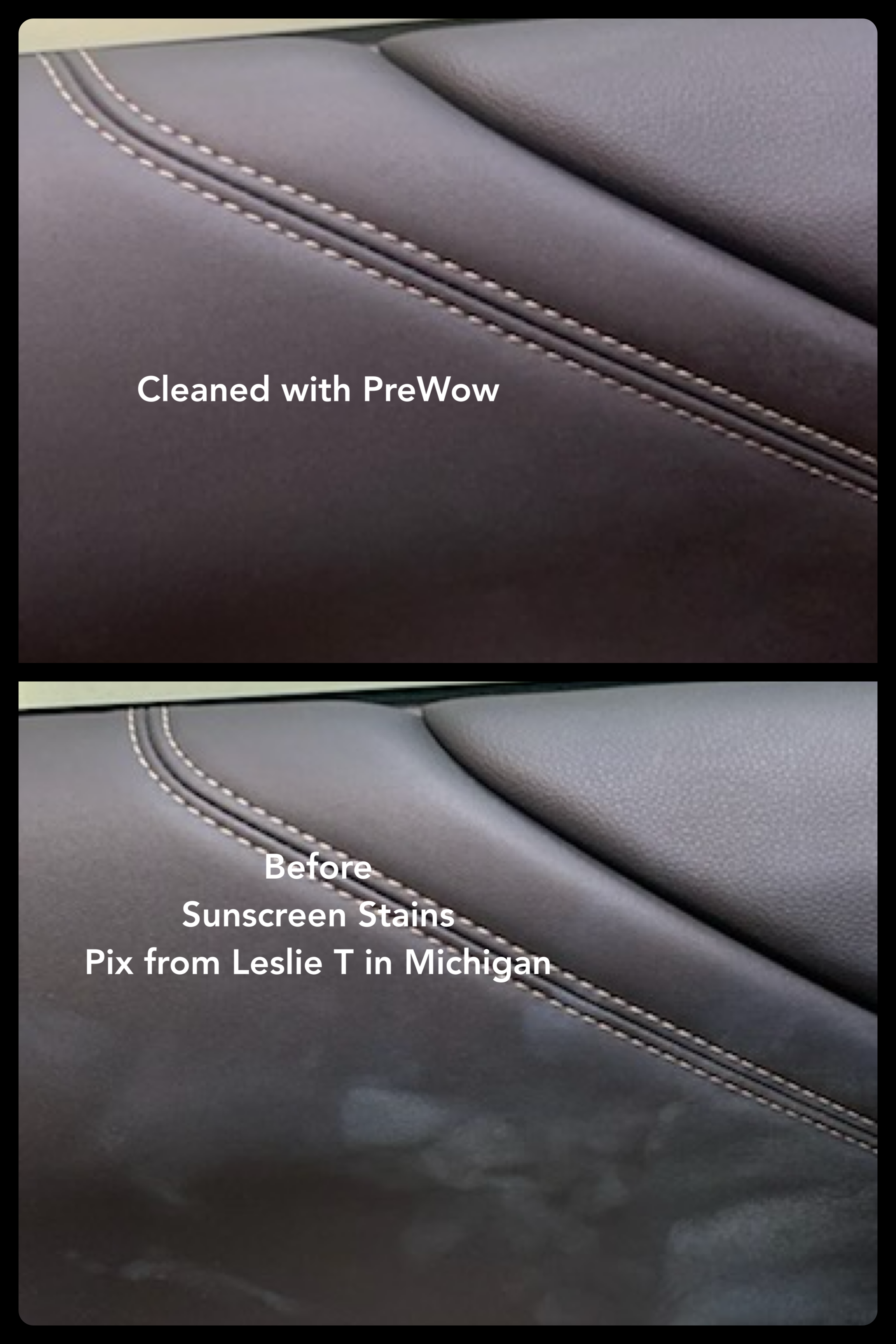 Customer sunscreen stain before and after on seat bolster — Leslie T Michigan